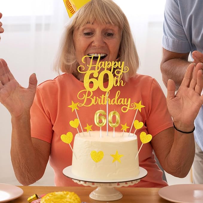 Happy 60th Birthday Cake Topper for 60th Birthday Decorations Numeral 60 Candle with Glitter Heart Cupcake Picks Set for Men Women Hello 60 Birthday Anniversary Party Cake Decor Supplies（GOLD）