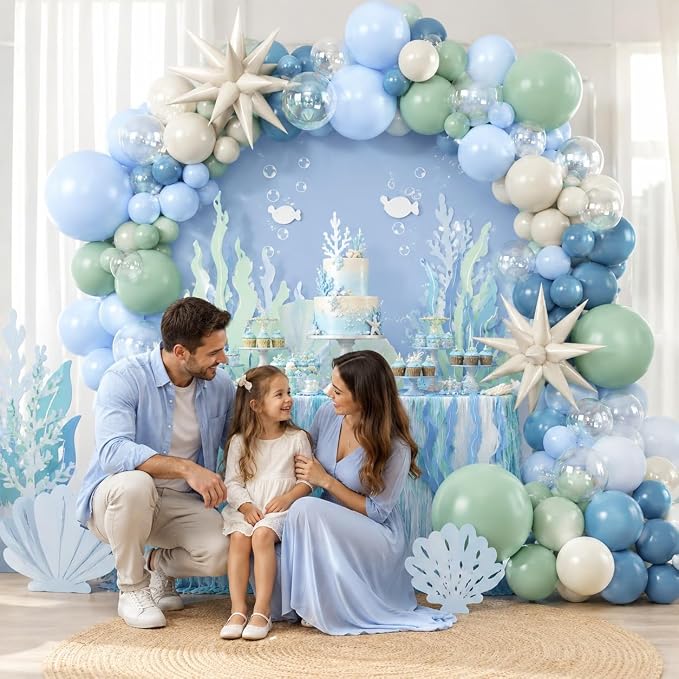 Under the Sea Balloon Arch Garland Kit with Dusty Blue Pastel Green Sand White Star Foil Balloon for Ocean Themed Birthday Baby Shower Party Decorations