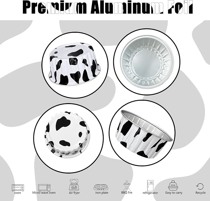 100Pcs Aluminum Cups with Lids,5oz Disposable Ramekin Baking Cups Muffin Liners Mini Pie Pans Foil Cupcake Containers for Christmas Party Wedding Party,Cow Print