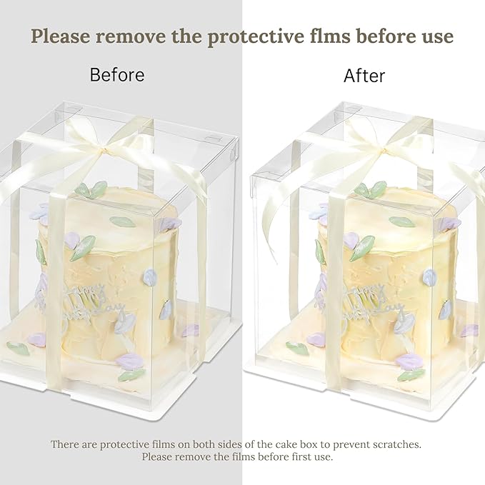 3 Pcs Clear Gift Box with Ribbon 2-Layer 10x10x12 Inch, Transparent Cake Carrier Box with Lids, PET Tall Cake Packaging Boxes, Clear Gift Boxes for Birthday,Wedding and Festival Party