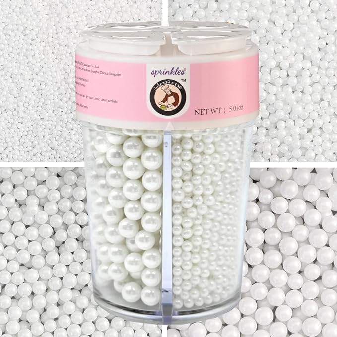HeDeon&Rles Edible White Preals Sprinkles for Baking 4 Size（2mm 4mm 7mm 10mm）White Sprinkles for Cake Cupcake Pancake Ice Cream Decoration