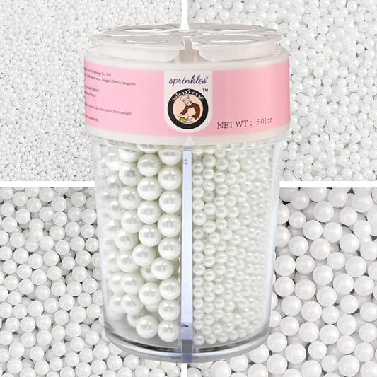 HeDeon&Rles Edible White Preals Sprinkles for Baking 4 Size（2mm 4mm 7mm 10mm）White Sprinkles for Cake Cupcake Pancake Ice Cream Decoration