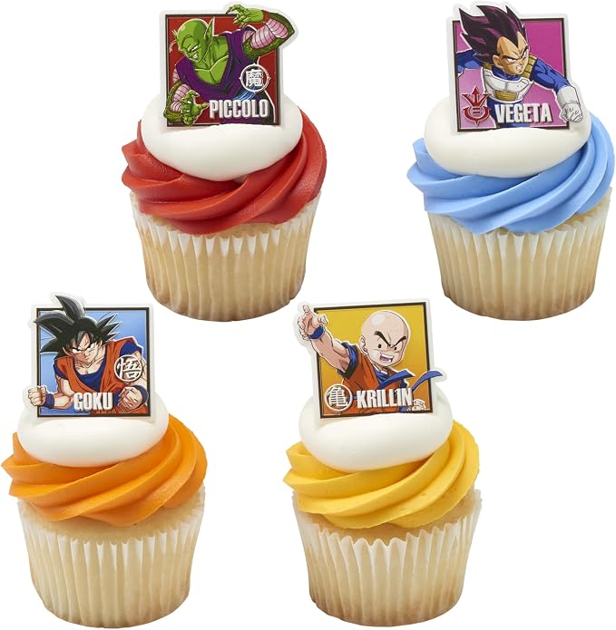 24 Dragon Ball Z Cupcake Rings | DecoPac Cupcake Toppers Featuring Goku, Vegeta, Krillin, Piccolo | Food Safe Square Decorations - 24 Pack