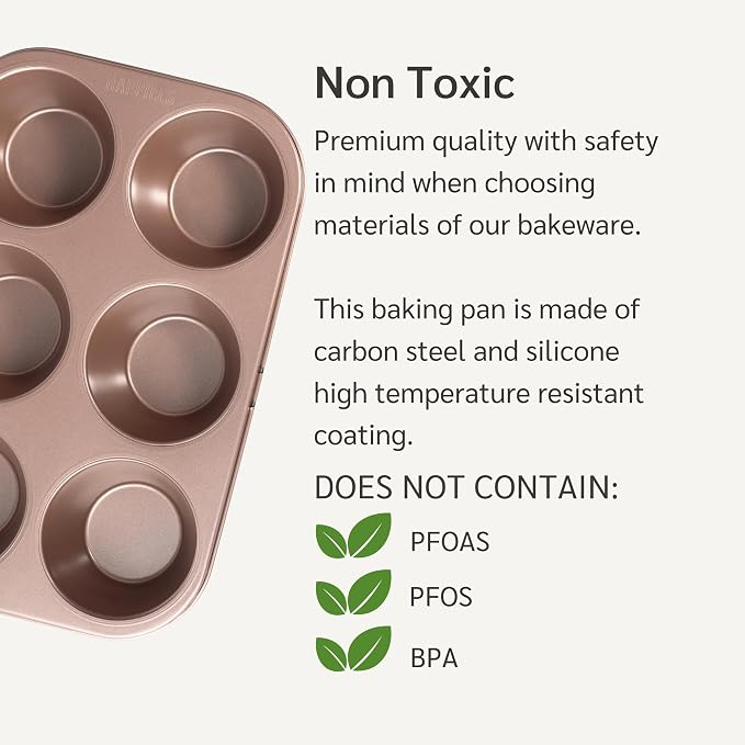 HAPPIELS 6-Cup Jumbo Muffin Pan Nonstick for Oven Baking, PFOA & BPA Free | Non Stick Large Cupcake Tin | Nontoxic Muffins Tins Big Size | Non Toxic Non Stick Baking Trays | Cupcakes Tray