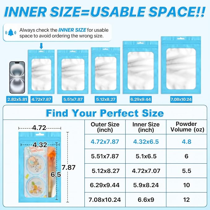 ANZNKU 100 Pack Lake Blue Resealable Mylar Bags with Frosted Clear Window 4.72x7.87", Smell Proof Sealable Packaging Bags for Small Business, Foil Pouch Zip Goodie Bag for Candy Treat Jewelry