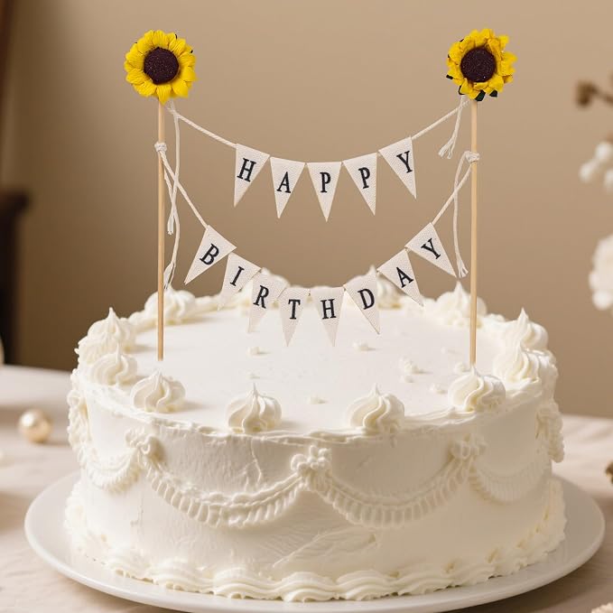Happy Birthday Flag Banner Cake Topper, Handmade Pennant & Sunflower Garland Birthday Cake Flag Decoration for Party Decorations Supplies