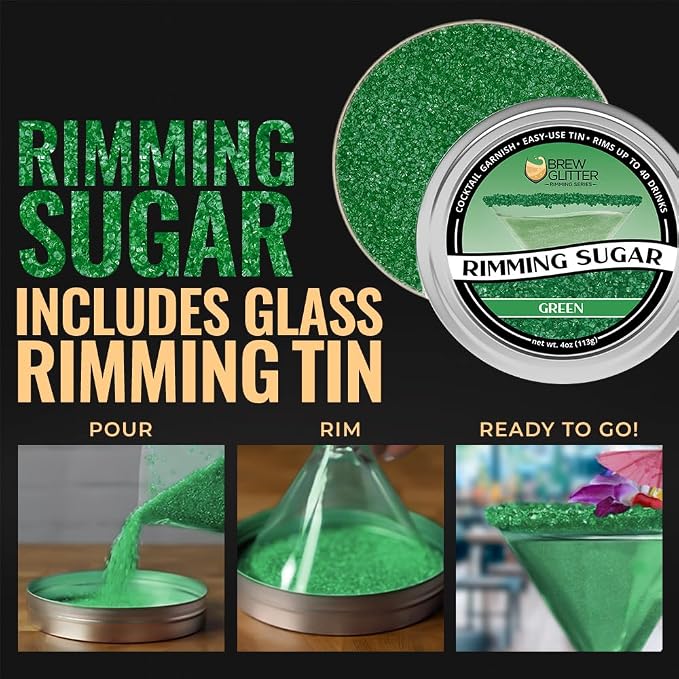 Brew Glitter - Green Rimming Sugar (4oz, 1x Bar Tin) Cocktail Garnish for Mixed Drinks & Refreshments