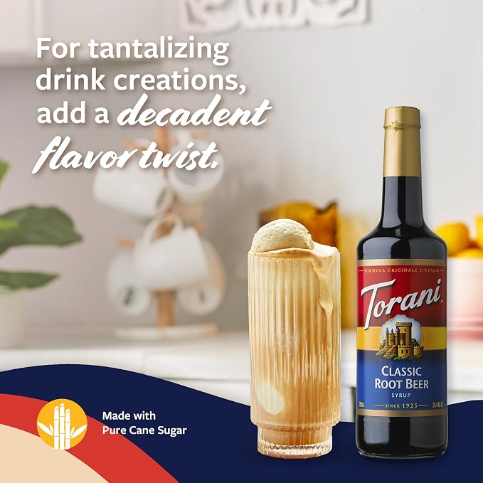 Torani Classic Root Beer Syrup for Drinks, Flavoring for Soda, Floats, and Shakes, Glass Bottle with Pump Included, 25.4 Fl Oz