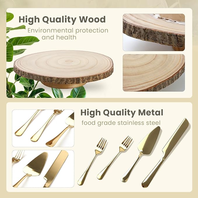 12 Inch Rotating Cake Stand - Rustic Wood Cake Stand with Cake Server, Knife & Forks Set | Cake Turntable for Easy Decorating, Perfect for Weddings, Birthdays, Party Dessert Display & Gift
