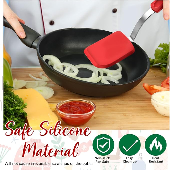 Silicone Cookie Spatula Turner 2 Pack Mini Brownie Spatula Flexible Kitchen Small Silicone Turner for Nonstick Cookware Heat Resistant No Scratch Flipper for Pancake(Solid Flat,Red, Green)