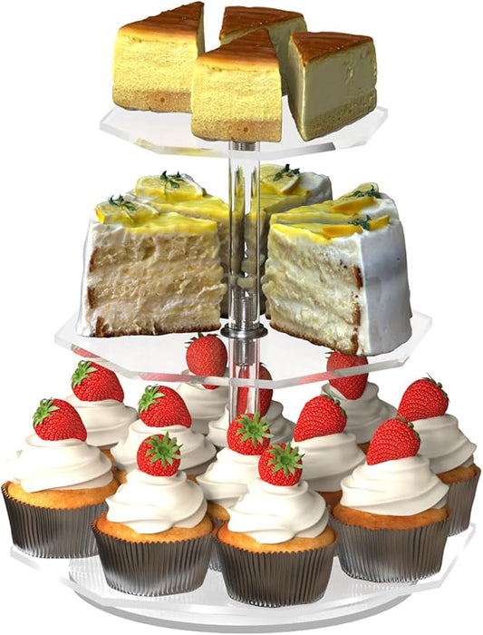 3-Tier Rotating Cupcake Stand, Clear Acrylic 360° Spinning Dessert Display Tower for Cakes & Pastries, Serving Stand for Weddings, Birthdays, Parties - Polygon