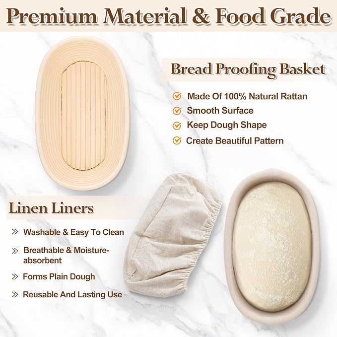 P&P CHEF Sourdough Bread Proofing Basket Set of 4, 10 Inch Oval Dough Proofing Bowls, Sourdough Bread Baking Supplies for Bakers, Handmade Rattan Baskets with Cloth Liner