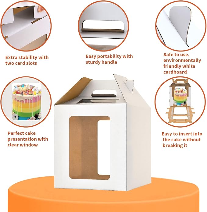 3 Pack Tall Cake Boxes for Tier Cakes,10x10x10 Inches Large Tiered Cake Carriers with Windows,8in 10in Layer Cake Box,Disposable Layer Tall Baking boxes with Handle