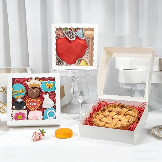 50Pack 9X9X2.5 Inches White Bakery Boxes,Pie Boxes with Clear Window Treat Boxes for Chocolate Strawberries, Pastries, Muffins, Donuts,Cookie,Breakable Heart