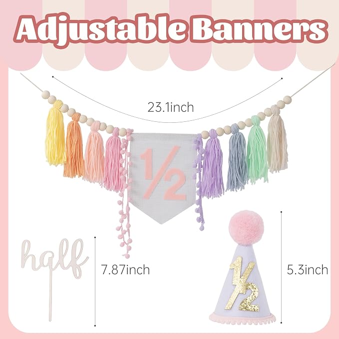 CWK Half Birthday Decorations for Baby, 1/2 Birthday High Chair Banner with Cone Hat & Cake Topper, Half Way to One Party Kit, Photo Props for 6 Month Baby Birthday(Macaron)