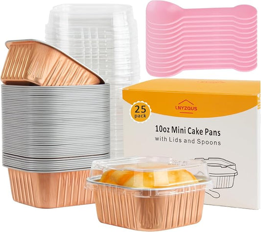 LNYZQUS Mini Cake Pans with Lids 25 Pack,10oz Small Foil Baking Cups Disposable Square Muffin Tins, Individual Cupcake Containers 4” Brownie Pan for Thanksgiving Baking Gifts-Champagne