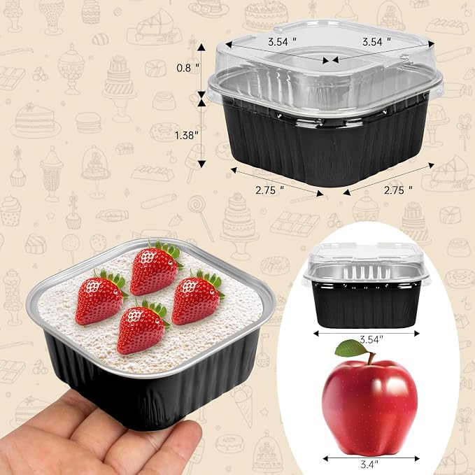 50 Pcs Mini Square Baking Cups with Lids,5oz Aluminum Foil Mini Cake Pans with Lids,Disposable Ramekins Cake Pans,150ml Dessert Cups Cupcake Pans for Wedding Birthday Party,Black Sliver