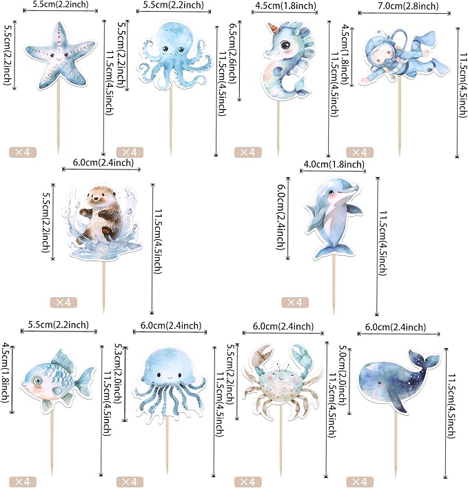 40 PCS Ocean Sea Animal Cupcake Toppers Shark Dolphin Starfish Octopus Seahorse Cupcake Picks Under the Sea Baby Shower Decorations for Under the Sea Theme Birthday Party Cake Decoration Supplies