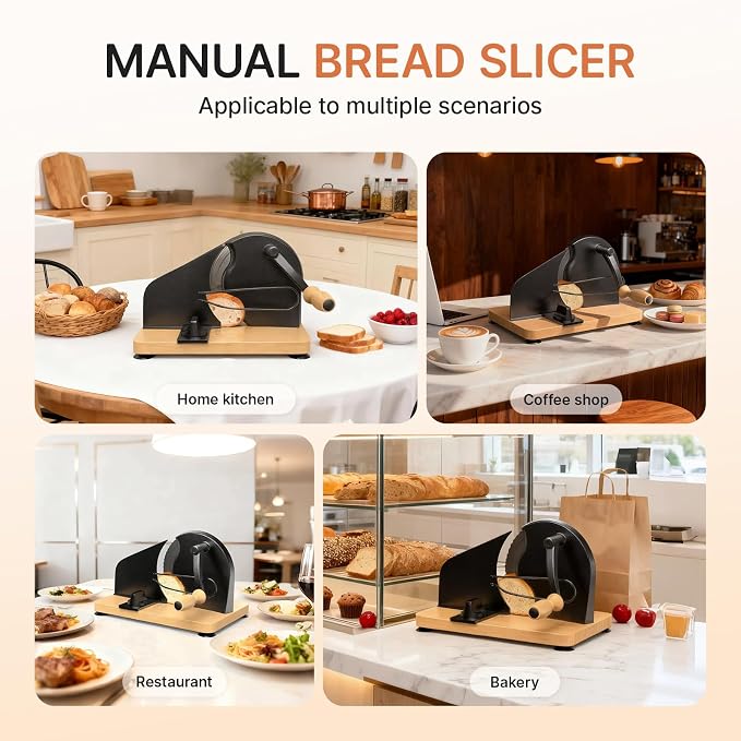 Upgraded Manual Bread Slicer for Homemade Sourdough Bread Adjustable Thickness& Evenly Slicing, Metal Guide, Hand Crank Bread Slicer with Scale Line & Suction Base,Sharp Stainless Steel Blade