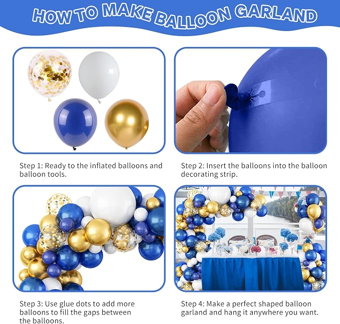 112pcs Royal Blue Gold White Balloon Arch Garland Kit, Navy Blue and Gold Balloon Arch Kit With Confetti Metallic Chrome Balloons, White Latex Matte Balloons for Graduations Birthday Party Decorations