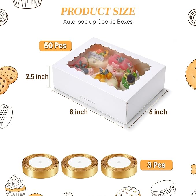 COTOPHER Auto Pop Up Cookie Box with Window 8x6x2.5 Inches – 50 Pack White Bakery Boxes with Gold Ribbon for Birthday Party Favors, Wedding, Christmas Gift Packaging for Cookies, Candy, Macarons