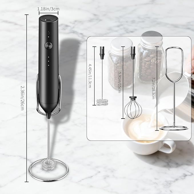 Milk Frother Handheld Rechargeable, Hand Frother with Stand, Drink Mixer Frother Wand Electric Whisk Stirrer for Coffee, Latte, Matcha, Cappuccino, Hot Chocolate, Kitchen Gifts - Black