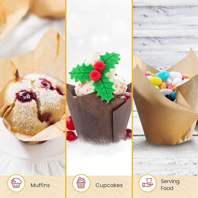 Tulip Cupcake Liners, Muffin Liners for Baking by Baker’s Signature 200pcs of Parchment Paper Cups Cupcake Wrappers – Perfect Size, Sturdy, Greaseproof & Easy to Use – Beige White Brown