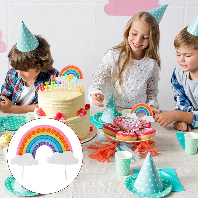 Rainbow Cloud Cake Topper, Soft Pottery Colorful Cupcake Decoration Topper Rainbow Theme Baking Supplies for for Boys Girls Happy Birthday Party Wedding Cake Decorations