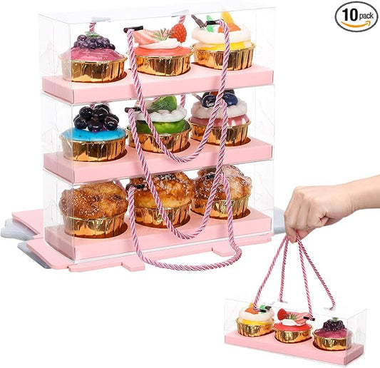 EUSOAR Pink Cupcake Boxes, 10 Pcs 9"x3"x3" Portable 3 Compartments Muffins Cupcake Containers Pastry Gift Holder, Rectangular Clear Disposable Cake Carriers Display for Wedding Party Gifts Bakery