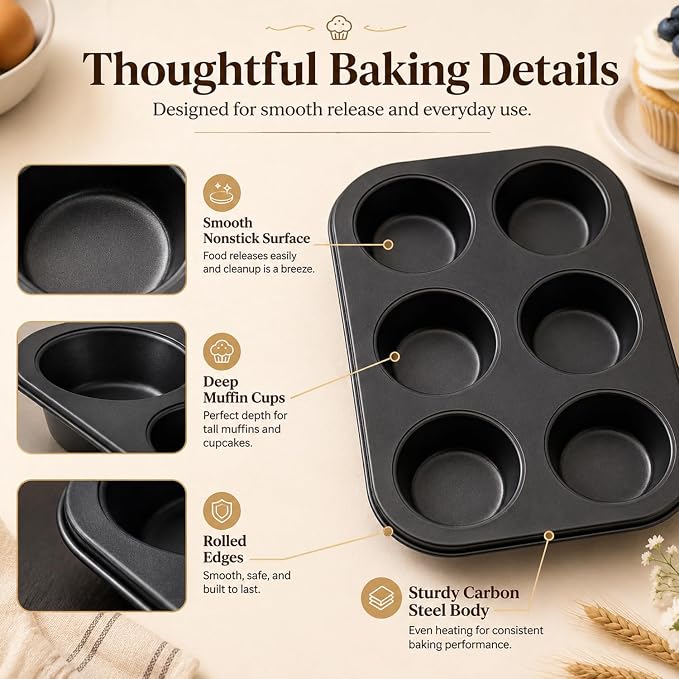 Premium Non-Stick Muffin Baking Pan,2Packs Cupcake Pan,Stainless steel 6-Cup Muffin Tin (Black)