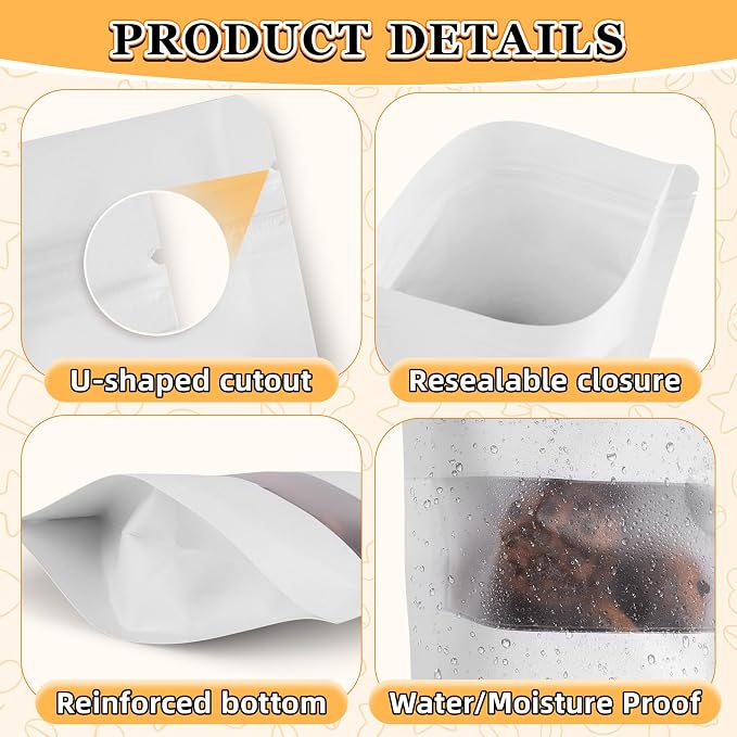 Food Bags 100 Pack Granola Trail Mix Bags Sealed Bag with Window Resealable Stand Up Pouches Wax Melt Candy Bar Tea Packaging Beef Jerky Chip Bag Bolsas para Carne Seca