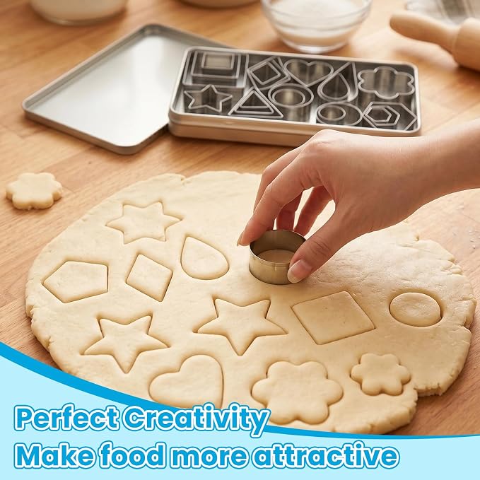 Fireboomoon 30 Pcs Mini Cookie Cutter Set, Stainless Steel Small Geometric Cutters (Star, Heart, Flower, Circle & More), Tiny Biscuit Mold for Kids, Fondant, Fruit, Sandwich & Clay, with Storage Box