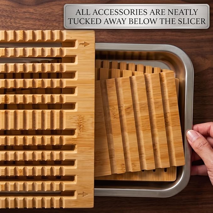 Bamboo Bread Slicer Guide - 7.5" Width Adjustable Sourdough Cutting Board | Premium Bamboo Board with 3 Slicing Thickness | Adjustable Width Slots | Custom Brush & Steel Tray | Knife not included