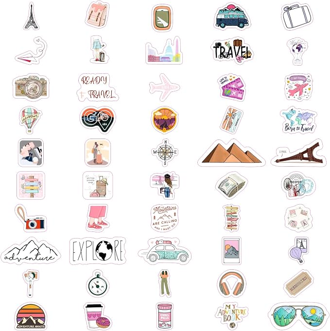 BulbaCraft 100Pcs Cute Travel Stickers for Women, Travel Stickers for Water Bottles, Notebook, Laptop, Luggage Decals for Suitcases, Travel Journal Decals, Gifts for Women & Men