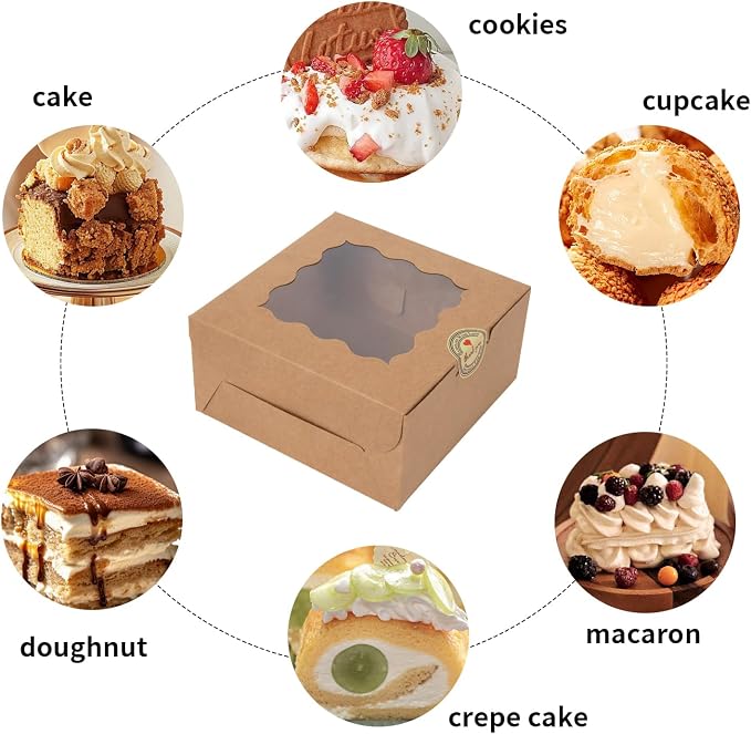 100 pcs 6x6x3 Inches Small Cake Box with Window, Bakery Pastry Cookie Boxes, Mini Pie container for Pastry,Dessert,Strawberries,Chocolates, Cupcakes with paper stickers (Brown)