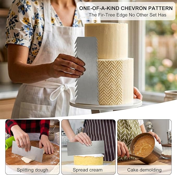 3 Pcs Stainless Steel Cake Scraper Set, 8.7 Inch Chevron Fir-Tree, Double-Sided Stripe & Wave, Smooth Edge Icing Smoother for Buttercream Cake Decorating