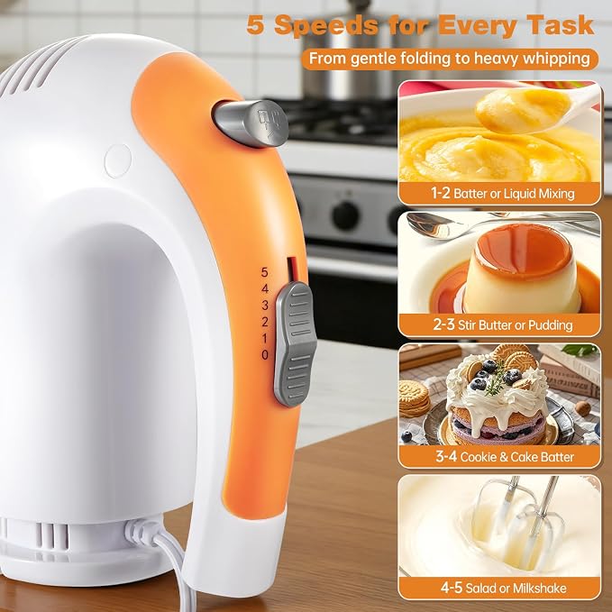 Electric Hand Mixer 300W, 5-Speed Handheld Kitchen Mixer with 304 Stainless Steel Beaters, Dough Hooks & Whisk – Ideal for Baking, Whipping Eggs & Cookie Dough