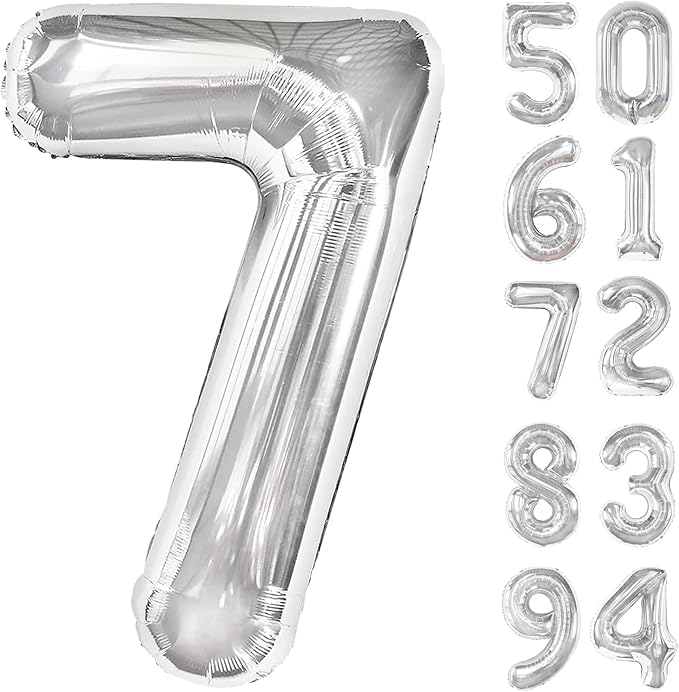 Silver 7 Balloon, Number Balloons 40 Inch, 7th Birthday Decorations for Kids Girls Boys, Silver Party Decoration for Women Men, Number 7 Balloon