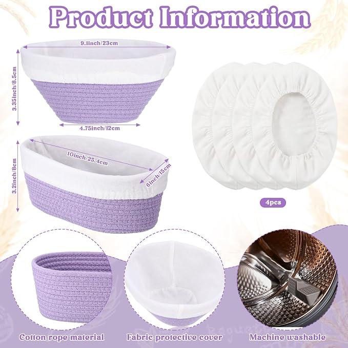2 Pcs Cotton Rope Banneton Bread Proofing Basket Set 9 Inch Round and 10 Inch Oval Banneton Basket Sourdough Bread with Liners Covers for Baking Supplies(Purple)