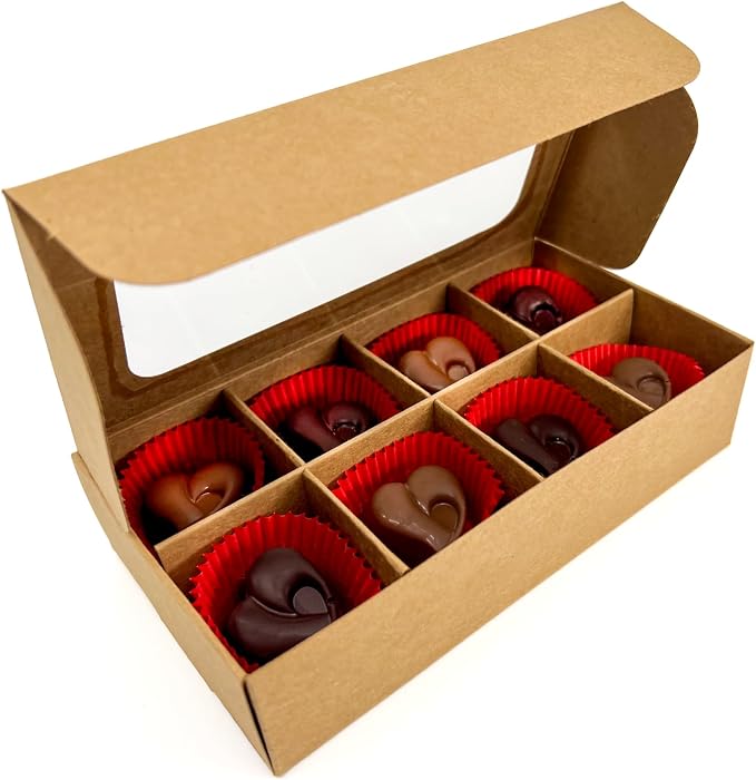 20pcs Kraft Treat Boxes with Window and Dividers | 8 X-SMALL compartments | 6.75 x 3.5 x 1.57 in | Empty candy boxes for gift giving, truffle box - perfect for Valentine's Day