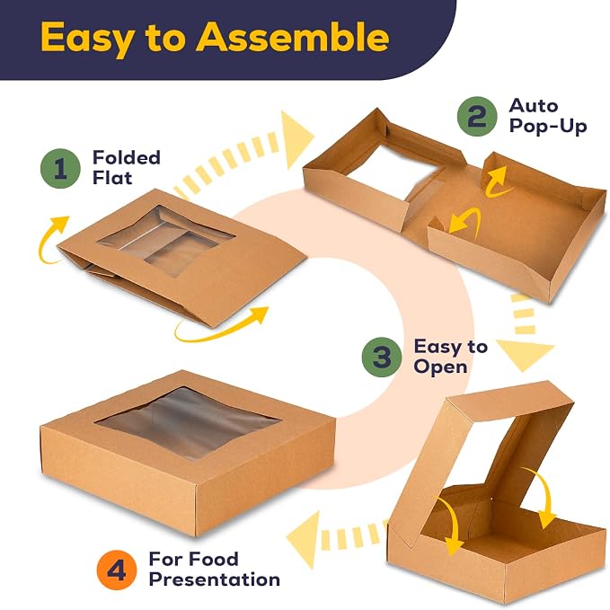 Fit Meal Prep [25 Pack] Pie Boxes With Window 10x10x2.5 Kraft Pastry Boxes Auto-Popup Cardboard Gift Packaging for Cupcake, Cookies Treat Box for Party, Christmas, Valentines Day