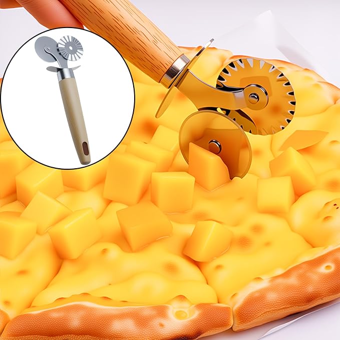 1 Pcs Pastry Double Cutter Wheel Stainless Steel Ravioli Cutter Wheel with Wooden Handle