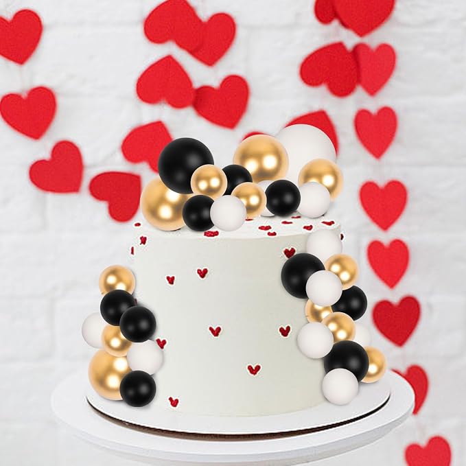 30 PCS Balls Cake Topper DIY Cake Insert Toppers Ball Cake Picks Cupcake Topper for Birthday Party Baby Shower Wedding Cake Decoration(Black Gold White)