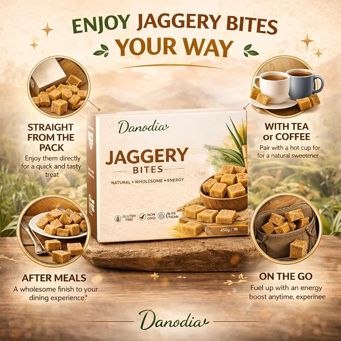 Danodia Foods Organic Jaggery Bites, Cane Gur Sweetener, 1 lb Pack | Jaggery gur pieces for chai, coffee, desserts and cooking; No Preservatives; traditional Indian cane sweetener; pantry use