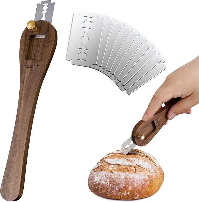 NiHome Bread Lame with Long Walnut Wood Handle for Scoring Bread and Slicing Dough, Safe Use with Push-Pull Locking Blade and Magnetic Back for Easy Storage, Ergonomic Grip for Precision Cutting