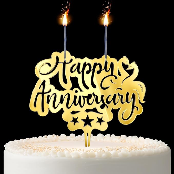 Happy Anniversary Cake Topper Candle, Gold Acrylic Anniversary Cake Decoration, 2 Wick Celebration Cake Topper
