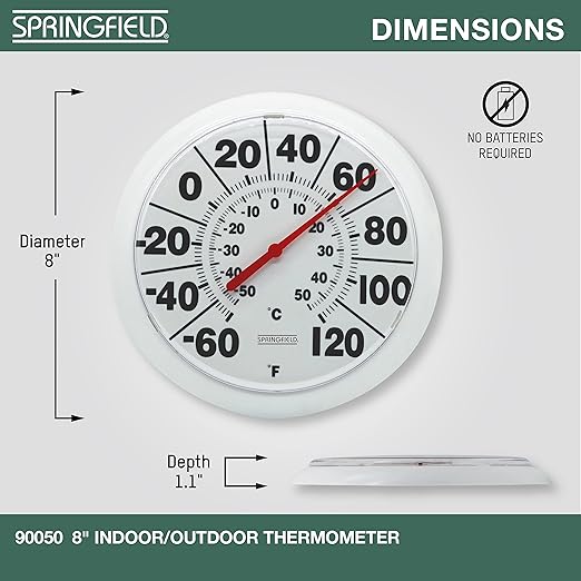 Springfield Indoor Outdoor Big and Bold Dial Thermometer, Wireless Thermometer with Easy to Read Large Numbers for Patio, Pool, and Indoor Areas, 8-Inch, White