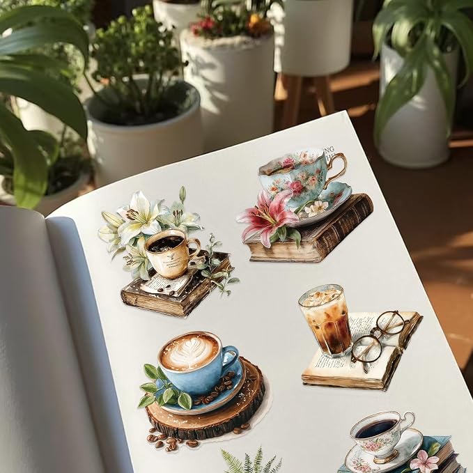 Vintage Coffee Books Flowers Aesthetic Transparent Stickers for Cup, 50PCS Retro Cafe Book Flora Art Waterproof Stickers for Water Bottle,Laptop,Journal,Scrapbook, Coffee Bar Decals