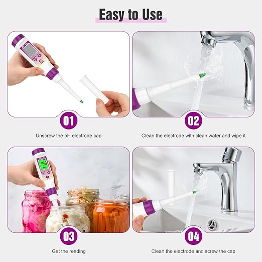pH Meter for Food Fermentation, Spear pH Probe for Canning Salsa | ±0.01 pH tester with ATC. Replaceable probe with pH calibration kit. For bread dough, hot sauce, kombucha, cosmetics