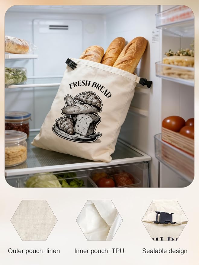 2 Pcs Reusable Bread Bag for Homemade Bread, 17x13 ‘’ XL Linen Cotton Sourdough Bread Storage Bags with TPU Lining, Kitchen Essentials Sourdough Bag with Roll-top Buckle to Keep Fresh Longer